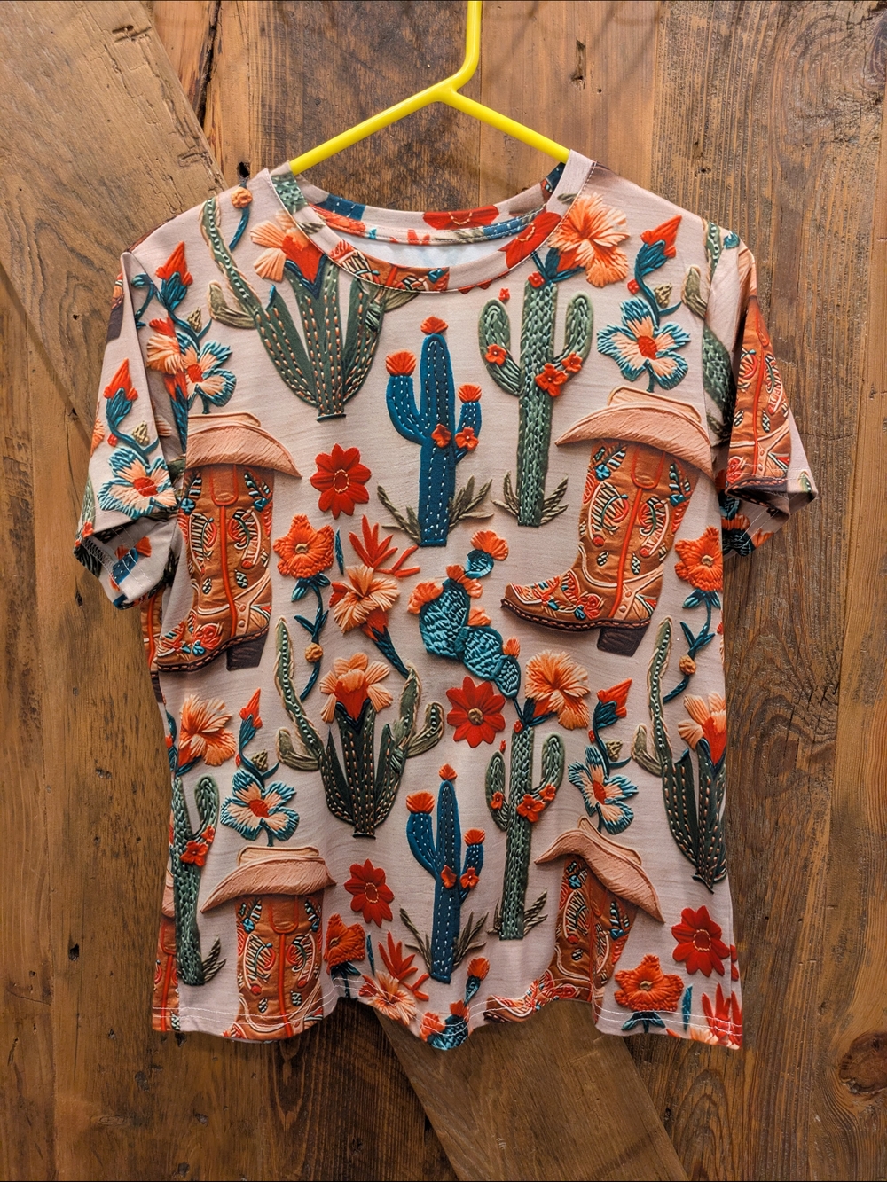 SHEIN Pink Western Cactus & Cowboy Boot Embroidered Tunic